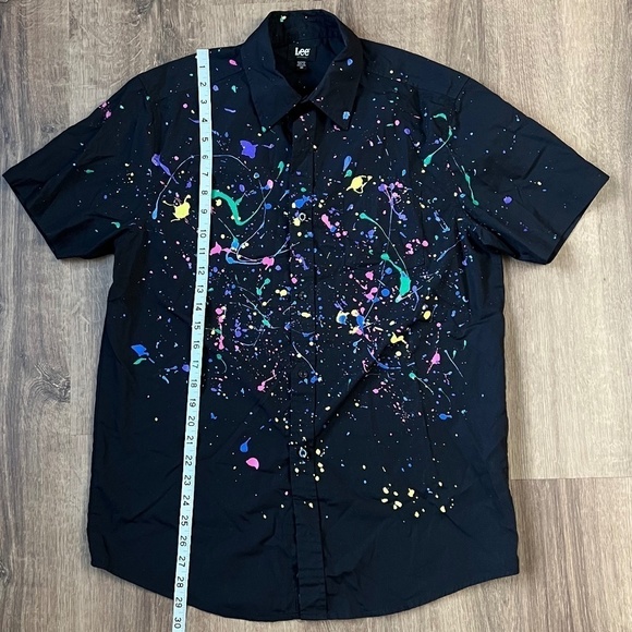 Lee 80's Retro Splatter Paint Black Short Sleeve Button down Sz M - Picture 2 of 9